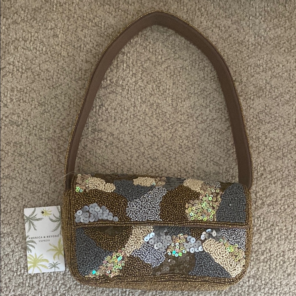 America & Beyond Beaded Shoulder Bag - Brown & Gray